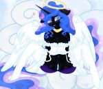  &lt;3 abstract_background anthro big_breasts breasts clothing corset dress equid equine feathered_wings feathers female friendship_is_magic genitals halo hi_res horn lingerie looking_at_viewer mammal my_little_pony nightmare_moon_(mlp) pussy solo spread_legs spreading synthsparkle topwear unguligrade_anthro wedding_dress winged_unicorn wings 