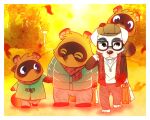  2021 animal_crossing autumn black_nose blush bottomwear brown_body brown_fur canid canine canis carrying clothing detailed_background domestic_dog eyes_closed eyewear fur glasses group hand_holding k.k._slider kemono male mammal mujina_uranoya nintendo outside pants piggyback raccoon_dog scarf slightly_chubby sweater tanuki timmy_nook tom_nook_(animal_crossing) tommy_nook topwear video_games white_body white_fur 