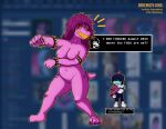  admiring ambiguous_gender anthro armband behemothking blue_body bracelet breasts chubby_female clothed clothed/nude clothed_ambiguous_nude_female clothing deltarune dialogue dinosaur duo e621 english_text female female_focus genitals hair hi_res human inverted_nipples jewelry kris_(deltarune) kris_where_are_we mammal meme meta nipples nude nude_female pink_body pink_hair pink_scales pink_spikes plantigrade plump_labia profanity pupils pussy reptile scales scalie simple_background slightly_chubby slit_pupils small_tail speech_box spiked_armband spiked_bracelet spiked_tail spikes spikes_(anatomy) stare surprise susie_(deltarune) text text_box undertale_(series) video_games watermark yellow_eyes yellow_teeth 