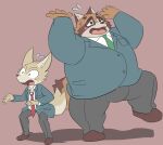  00murice 2021 anthro belly blush bodily_fluids bottomwear brown_body brown_fur canid canine clothing duo eyewear fox fur glasses humanoid_hands kemono male mammal necktie overweight overweight_male pants raccoon_dog shirt simple_background sweat tanuki topwear 