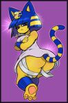  2021 4_toes absurd_res animal_crossing ankha_(animal_crossing) anthro blue_eyes border butt crossed_arms domestic_cat feet felid feline felis female fur hi_res lurkin mammal markings nintendo pawpads purple_border solo striped_markings striped_tail stripes tail_markings thick_thighs toes video_games yellow_body yellow_fur 