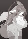  2021 5_fingers ahoge anthro big_breasts blush bottomless breasts canid canine cheek_tuft chest_tuft claws cleavage clothed clothing convenient_censorship covering covering_crotch cute_fangs dipstick_tail facial_tuft female finger_claws fingers fluffy fluffy_tail fox fur greyscale hair hi_res huge_breasts kemono leaning leaning_forward legwear long_hair looking_at_viewer mammal markings monochrome multicolored_body multicolored_fur multicolored_tail no_underwear open_mouth portrait solo sweater sweater_only tail_markings thick_thighs thigh_highs three-quarter_portrait tongue topwear topwear_only translated_description tsu_ji tuft two_tone_body two_tone_fur watermark 