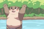  00murice 2021 anthro belly blush brown_body clothing detailed_background humanoid_hands kemono lutrine male mammal moobs mustelid navel nipples outside overweight overweight_male plant river solo swimwear tree water young 