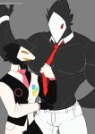  avian black_body black_feathers clothed clothing darkner deltarune duo feathers grey_background hi_res male male/male mask muscular muscular_male necktie pecs red_eyes serving_tray simple_background sparxel swatch_(deltarune) swatchling topless undertale_(series) video_games 