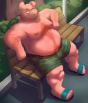  2021 absurd_res anthro belly bench bottomwear bulge clothing domestic_pig hi_res humanoid_hands male mammal moobs nipples outside overweight overweight_male shorts sitting solo suid suina sus_(pig) x-zudomon 
