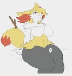  2021 absurd_res anthro between_thighs big_butt black_body black_fur blonde_hair blush braixen breasts butt color_edit colored digital_media_(artwork) dipstick_tail duo edit fangs female flatsfag fur hair hi_res inner_ear_fluff larger_anthro larger_female looking_down macro markings micro micro_on_macro mr.pink multicolored_tail neck_tuft nintendo nude pok&eacute;mon pok&eacute;mon_(species) red_nose sitting size_difference smile stick tail_markings thick_thighs tuft video_games white_body white_fur yellow_body yellow_eyes yellow_fur 