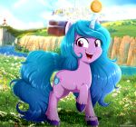  2021 absurd_res ball blue_hair bracelet cutie_mark equid equine female fur hair hasbro hi_res hooves horn izzy_moonbow_(mlp) jewelry lighthouse looking_at_viewer mammal mlp_g5 my_little_pony open_mouth open_smile purple_body purple_eyes purple_fur smile solo tennis_ball text the-butcher-x unicorn url zephyr_heights 