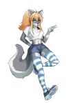 abs absurd_res anthro blep blonde_hair blue_eyes bottomwear canid canine canis clothing colored_nails crop_top elias_whitefire ellie_whitefire eurasian_wolf eyelashes footwear fur girly grey_body grey_fur hair hi_res hotpants legwear long_eyelashes male mammal nails ponytail shirt shoes shorts sneakers solo thigh_highs tongue tongue_out topwear white_body white_skin wolf yovini 