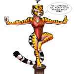  1:1 2021 4_toes absurd_res annoyed anthro arms_out balancing barefoot breasts clothing countershade_feet countershading dialogue dreamworks english_text feet felid female fur hi_res kung_fu_panda looking_aside mammal master_tigress multicolored_body multicolored_fur mykegreywolf on_one_leg one-piece_swimsuit one_eye_closed orange_body orange_fur pantherine solo standing striped_body striped_fur stripes swimwear text tiger toes two_tone_body two_tone_fur white_body white_fur 