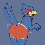  1:1 2021 anthro avian beak bent_over big_butt bird blue_background bulge butt clothing emanata falco_lombardi falcon falconid feathers looking_back male narrowed_eyes nintendo simple_background smile solo squishy_(artist) standing star_fox underwear video_games 