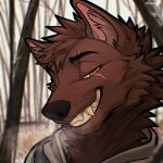  1:1 anthro breath brown_body brown_fur brown_hair canid canine canis fall_(disambiguation) fangs fluffy forest fur grin hair male mammal plant portrait redbone_(redboner) scar skiaskai smile solo tree were werecanid werecanine werewolf wolf yellow_eyes 