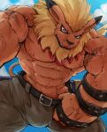  bandai_namco beard belt blonde_hair blue_eyes bottomwear bulge clothed clothing digimon digimon_(species) ear_piercing ear_ring facial_hair hair hi_res jewelry leomon looking_at_viewer male mane muscular necklace nipples pants piercing scar solo topless vein waddledox 
