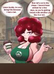  apron apron_only bovid bovine breasts cattle clothing english_text eva_(reygunpocket) female green_apron hair hi_res humanoid i_mean_breast_milk mammal meme mostly_nude purple_eyes red_hair reygunpocket_(artist) sassy short_stack slightly_chubby solo spots spotted_body starbucks text 