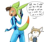  2019 anthro big_butt blue_eyes bodysuit brown_hair buckteeth butt canid canine chespin clothing cosplay costume dialogue digital_media_(artwork) duo english_text eyelashes female fingers fox fur gesture green_eyes gun hair hi_res issac_(monkeykinghero) leina_(sandwich-anomaly) looking_back male mammal metroid multicolored_body multicolored_fur nintendo pok&eacute;mon pok&eacute;mon_(species) ranged_weapon rear_view samus_aran sandwich-anomaly scar simple_background skinsuit smile standing tan_body tan_fur tan_hair teeth text thumbs_up tight_clothing tongue video_games weapon white_background white_body white_fur zero_suit 