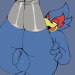  1:1 2021 anthro avian balls beak big_balls big_butt bird blue_background boots butt clothing falco_lombardi falcon falconid feathers footwear genitals legs_up lying male narrowed_eyes nintendo nude on_back open_mouth open_smile simple_background smile solo squishy_(artist) star_fox video_games 