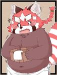  2021 3:4 ailurid anthro belly blush cute_fangs fur hi_res humanoid_hands kemono lifewonders male mammal navel overweight overweight_male red_body red_fur red_panda shibuya_2810 solo tokyo_afterschool_summoners towel video_games zhurong_(tas) 