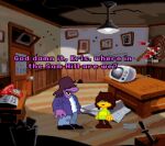  ambiguous_gender anthro bottomwear brown_hair clothing computer deltarune dialogue dinosaur door duo english_text female furniture green_sclera hair human humor jacket kris_(deltarune) kris_where_are_we low_res mammal meme pants purple_body reptile sam_and_max scalie style_parody susie_(deltarune) table text topwear undertale_(series) video_games 