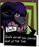  anthro black_shading bovid caprine cervid dialogue dimitri english_text hair halftone header header_box hi_res horizontal_pupils long_hair male mammal masterzoroark666 polygonal_speech_bubble pupils purple_hair simple_background solo speech_bubble stylized text text_box text_header 