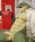  alligator alligatorid anthro blush bodily_fluids clothed clothing crocodilian cum cum_in_mouth cum_inside cum_on_chest cum_on_face cum_while_penetrated duo ejaculation gakujo genital_fluids genitals green_body green_scales hands-free hi_res humanoid_genitalia humanoid_penis implied_oral male male/male muscular muscular_male offscreen_character orgasm_from_oral partially_clothed penetration penis reptile scales scalie 