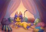  accessory animal_crossing ankha_(animal_crossing) anthro bed blue_eyes blue_hair breasts butt detailed_background domestic_cat egyptian felid feline felis female fur furniture hair looking_at_viewer mammal nintendo nipples nude pawpads paws pillow solo taterhoney video_games yellow_body yellow_fur 