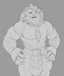  5_fingers abs absurd_res anthro armor bandaged_arm beard belt big_abs big_biceps big_deltoids big_muscles big_pecs big_quads blind_eye braided_hair bristol claws clothed clothing deltoids facial_hair felid feline fingers front_view grey_background hair hands_on_legs hi_res humanoid_hands league_of_legends looking_at_viewer male mammal monochrome muscular muscular_anthro muscular_male navel open_mouth open_smile pecs portrait rengar_(lol) riot_games serratus simple_background skimpy smile smiling_at_viewer solo standing three-quarter_portrait toony topless topless_anthro topless_male triceps unconvincing_armor video_games 