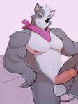  2021 abs anthro balls big_muscles canid canine canis countershade_torso countershading erection eye_patch eyebrows eyewear foreskin fur genitals grey_background grey_body grey_fur hair hi_res humanoid_genitalia humanoid_penis jrjresq looking_at_viewer male mammal multicolored_body multicolored_fur muscular muscular_anthro muscular_male navel neckerchief nintendo nipples nude pecs penis simple_background sitting solo star_fox thick_thighs tuft two_tone_body two_tone_fur video_games wolf wolf_o&#039;donnell 
