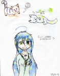  absurd_res ahoge ball_of_yarn blonde_hair blue_hair breasts cleavage clothed clothing domestic_cat empty_eyes eyelashes felid feline felis female green_eyes hair hi_res human mammal napping selina selinatc smile star stripes yarn 