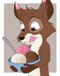  anthro black_nose bowl brown_body brown_fur brown_hair canid canine container cutlery dessert dipstick_ears food fox fur gloves_(marking) hair hi_res ice_cream kitchen_utensils licking licking_lips male mammal markings multicolored_ears neapolitan_ice_cream_(skateryena) pink_eyes skateryena solo spoon tongue tongue_out tools whiskers 
