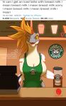  absurd_res anthro apron apron_only barista breasts clothing coffee_cup container countershade_face countershade_torso countershading cup dinosaur english_text fangs female green_apron hair hi_res i_mean_breast_milk lagarts meme mostly_nude reptile scalie solo text text_on_apron text_on_clothing 