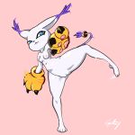  1:1 action_pose anthro bandai_namco blue_eyes breasts clothing digimon digimon_(species) female fur gatomon gatox_(artist) genitals gloves gloves_only handwear handwear_only hi_res jewelry mostly_nude navel nipples nude pink_background pose pussy raised_leg simple_background solo thick_thighs white_body white_fur 
