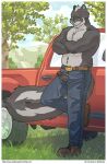  anthro artdecade belt boots bottomwear clothing crossed_arms denim denim_clothing english_text erection footwear genitals jeans leaning looking_at_viewer male mammal mephitid muscular outside pants penis shirtless skunk solo text truck_(vehicle) vehicle 
