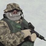  1:1 2021 anthro beard clothing eyewear facial_hair hat headgear headwear hi_res humanoid_hands kemono male mammal mustache o_miso_n overweight overweight_male simple_background solo suid suina sunglasses sus_(pig) weapon wild_boar 