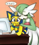  animal_crossing ankha_(animal_crossing) ankha_zone anthro clothed clothing comforting computer computer_mouse desk dialogue domestic_cat duo felid feline felis female furniture gardevoir humor keyboard mammal nintendo orange_background pok&eacute;mon pok&eacute;mon_(species) sad shocked simple_background sitting video_games vooliez 