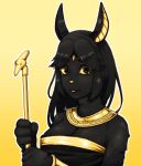  2020 4_fingers absurd_res anthro anubis black_body black_eyes black_fur black_hair bodily_fluids breasts deity egyptian_mythology felid female fingers fur gold_(metal) gold_jewelry hair hi_res holding_object holding_staff jewelry looking_at_viewer mammal menma911 middle_eastern_mythology mythology simple_background solo staff tears tongue tongue_out yellow_sclera 