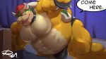  2021 anthro bed belly bowser bulge clothing detailed_background english_text furniture inside koopa male mario_bros moobs nintendo overweight overweight_male reclamon scalie solo text underwear video_games 
