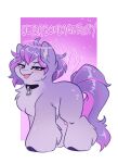  2021 alternate_species blush collar english_text equid equine feardakez female feral fur hair hi_res horse looking_at_viewer mammal purple_body purple_eyes purple_fur purple_hair simple_background smile solo text ultra_(ultrabondagefairy) 