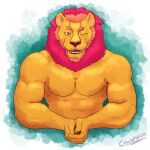  1:1 anthro bust_portrait cowardlion facial_hair felid fur half_body lion male mammal mane multicolored_mane muscular muscular_male one_eye_closed pantherine pink_eyes pink_mane portrait solo sparkles two_tone_mane wink yellow_body yellow_fur 