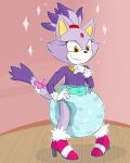  2017 4:5 accessory anthro big_diaper biped black_nose blaze_the_cat blue_diaper bunnykisses cheek_tuft clothing diaper dipstick_tail eyelashes facial_tuft female fur furgonomics glistening glistening_eyes gloves hair handwear hi_res high_heels markings multicolored_tail orange_eyes pattern_diaper pink_high_heels ponytail purple_body purple_clothing purple_ears purple_fur purple_hair purple_topwear ribbons sega solo sonic_the_hedgehog_(series) tail_accessory tail_bow tail_markings tail_ribbon topwear tuft wearing_diaper white_body white_fur wood_floor yellow_inner_ear 