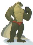  2021 abs anthro big_muscles cellphone clothing crocodile crocodilian crocodylid hi_res holding_object holding_phone jrjresq looking_at_object looking_at_phone male muscular muscular_anthro muscular_male obliques pecs phone reptile scales scalie sharp_teeth simple_background smartphone smile solo speedo standing swimwear teeth white_background 