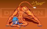  16:10 absurd_res anthro big_breasts big_butt blue_claws blue_eyes blue_hair breasts butt claws draigzen felid female fur hair hi_res jack-o&#039;_pose looking_at_viewer mammal nude orange_background pantherine pinup pose purple_nose simple_background smile solo tiger widescreen 