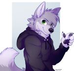  2016 5_fingers ambiguous_gender anthro canid canine canis chesta clothed clothing fingers front_view fur green_eyes grey_body grey_fur hoodie looking_at_viewer mammal pawpads shirowolf signature simple_background smile solo standing topwear wolf 