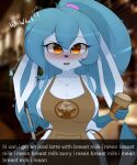  2021 5:6 amber_eyes anthro anthrofied apron apron_only awintermoose beverage big_breasts blue_body blue_fur blue_hair blush bodily_fluids breasts clothed clothing coffee confusion ears_down eevee eeveelution english_text eyebrows female fur glaceon gloves_(marking) hair hi_res i_mean_breast_milk logo long_ears long_hair looking_at_viewer markings meme mostly_nude nervous nintendo open_mouth ped pivoted_ears pok&eacute;mon pok&eacute;mon_(species) pok&eacute;morph ponytail portrait print_clothing raised_eyebrows res shy signature small_clothing snowcone_(awintermoose) solo standing starbucks sweat sweatdrop text text_on_apron text_on_clothing twitter video_games 