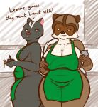  anthro anthrofied apron apron_only belly big_breasts big_butt black_body black_fur breasts brown_body brown_fur butt cellulite chubby_anthro chubby_female clothed clothing container crossgender cup digital_media_(artwork) dreamworks duo english_text female fur green_apron hi_res i_mean_breast_milk looking_at_viewer mammal mature_anthro mature_female meme mephitid mostly_nude navel nipples notebook nude open_mouth over_the_hedge overweight overweight_anthro overweight_female oystercatcher7 pencil_(object) procyonid raccoon rj_(over_the_hedge) simple_background skunk slightly_chubby starbucks stella_(over_the_hedge) stretch_marks text thick_thighs wide_hips 