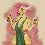  1:1 absurd_res anthro apron apron_only areola big_breasts breasts bulge clothing gala_(tabuley) giraffe giraffid green_apron gynomorph hi_res horn i_mean_breast_milk intersex lipstick makeup mammal meme mostly_nude nipples ossicone pawsy-paws solo starbucks tabuley_(character) text 