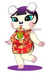  animal_crossing anthro asian_clothing beverage breasts bubble_tea chinese_clothing chinese_dress cleavage cleavage_cutout clothed clothing dress east_asian_clothing female hi_res mammal nintendo on_one_leg ox_horns pekoe_(animal_crossing) purplevulpes rosy_cheeks simple_background solo standing ursid video_games white_background 