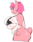  anthro berseepon09 bottomless bra bra_only breasts bulging_breasts butt cleavage cleavage_overflow clothed clothing dragon female hair loli_dragon mostly_nude multicolored_body multicolored_skin navel non-mammal_breasts pink_body pink_hair pink_skin red_eyes scalie side_boob side_view slightly_chubby solo thick_thighs two_tone_body two_tone_skin underwear underwear_only white_body white_skin 