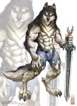  2014 5_fingers abs anthro canid canine canis chaos-draco digital_media_(artwork) fingers hi_res male mammal shirtless solo text url wolf yellow_eyes 