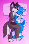  2:3 anthro bed blush canid canine canis cuddling digital_media_(artwork) duo embrace eyes_closed fur furniture hi_res hug jossmar male male/male mammal nude penetration romantic sex simple_background size_difference sleeping smile solo tongue tongue_out wolf wolfyzeeb young zeeb_wolfy 