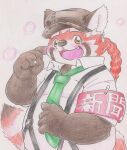  2021 ailurid anthro belly blush brown_body brown_fur clothing cute_fangs fur hat headgear headwear hi_res humanoid_hands kemono lifewonders male mammal necktie overweight overweight_male red_body red_fur red_panda shirt simple_background solo suspenders tabasukotrr tokyo_afterschool_summoners topwear video_games zhurong_(tas) 