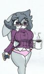  anthro beverage big_breasts blush breasts clothing coffee disney eyewear female food fur glasses grey_hair hair holding_beverage holding_food holding_object multicolored_body multicolored_fur pace-maker panties pop-tarts purple_eyes simple_background solo two_tone_body two_tone_fur underwear violet_hopps white_background wide_eyed zootopia 